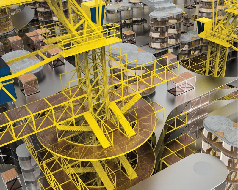 Overhead view of yellow scaffolding crane towers rising through a model of cylindrical and rectilinear volumes