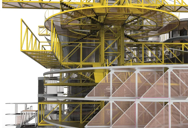 Section model showing yellow structural framework with circular crane platforms above translucent copper-toned facade panels
