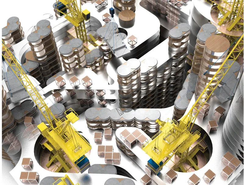Aerial view of cylindrical tower volumes with stacked horizontal bands and yellow construction cranes on site