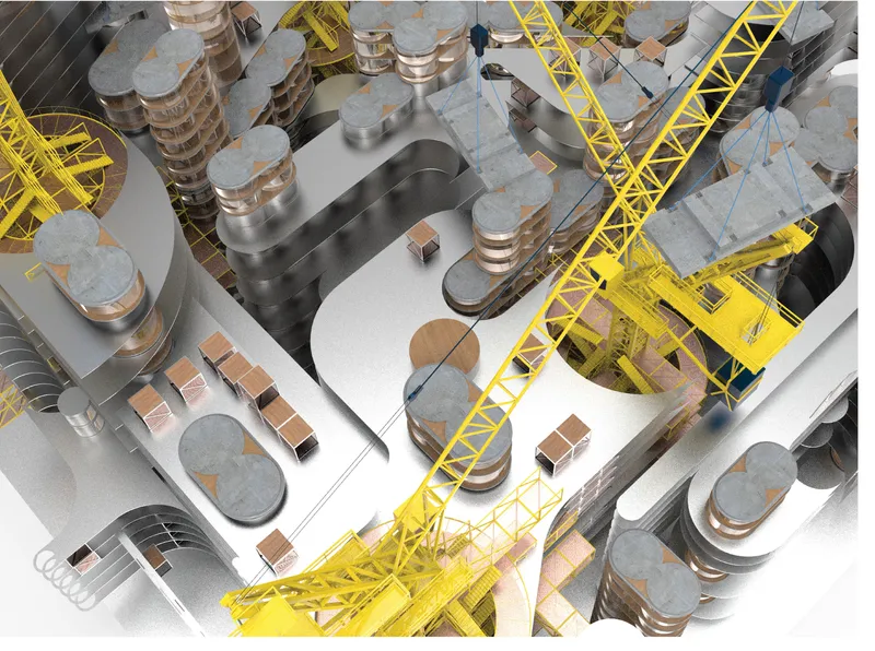 Aerial view of model with yellow tower cranes positioned among metallic cylindrical volumes and roof planes