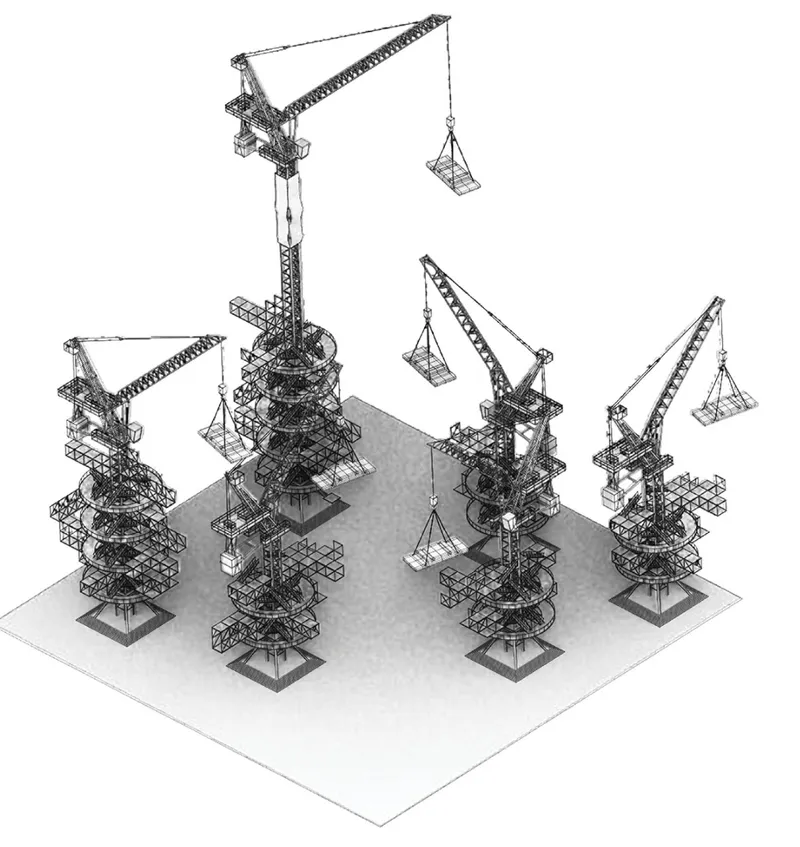 Axonometric drawing showing multiple tower cranes surrounding a central tapered volume during construction