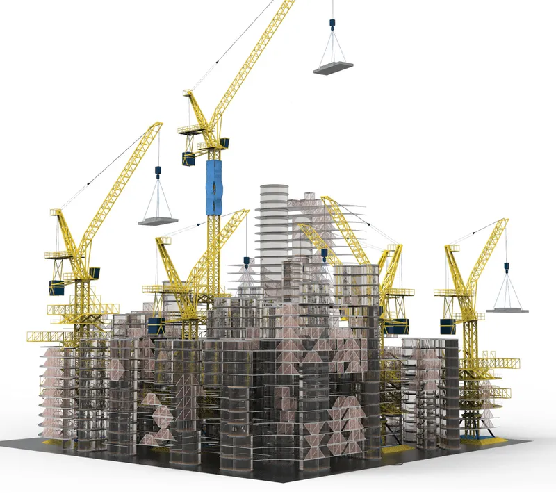 Construction model with yellow tower cranes surrounding grouped cylindrical towers clad in horizontal metal bands