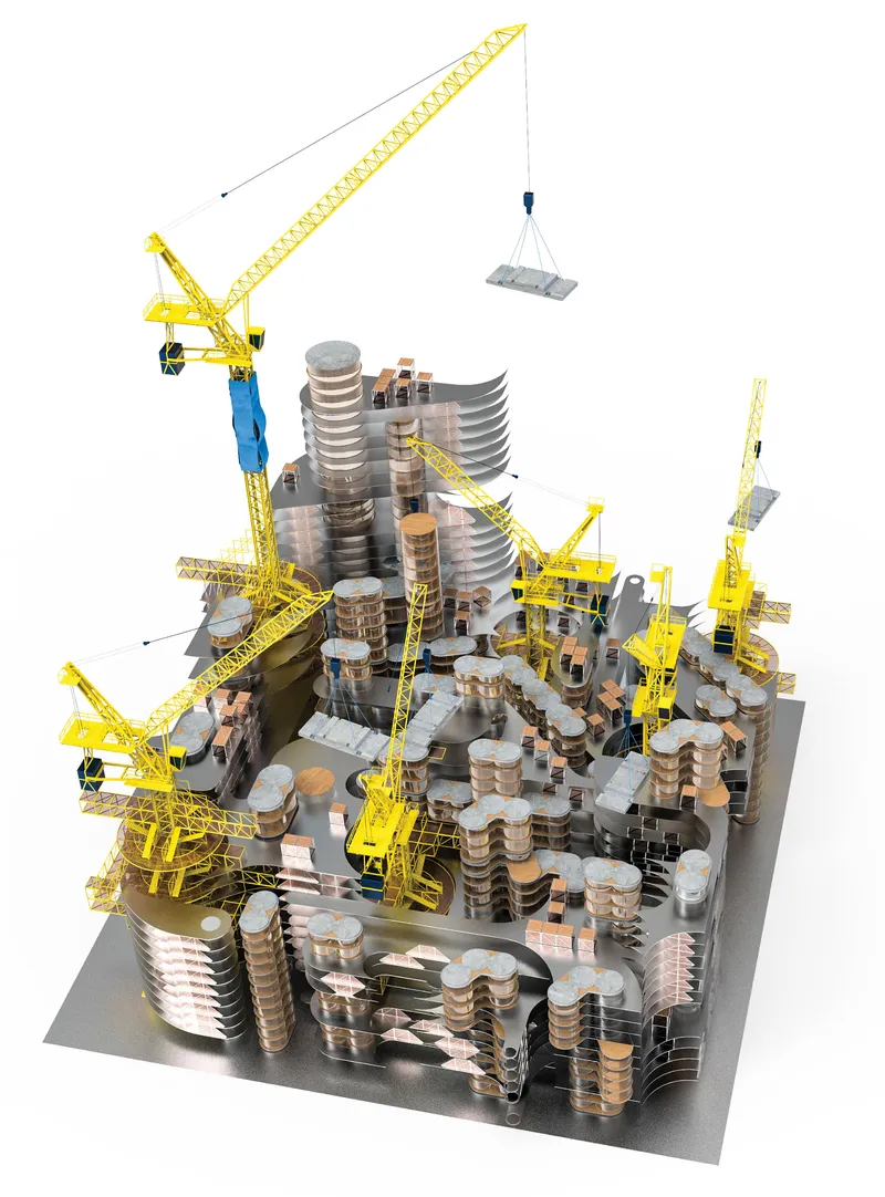 Physical model showing clustered cylindrical volumes surrounded by yellow tower cranes lifting components