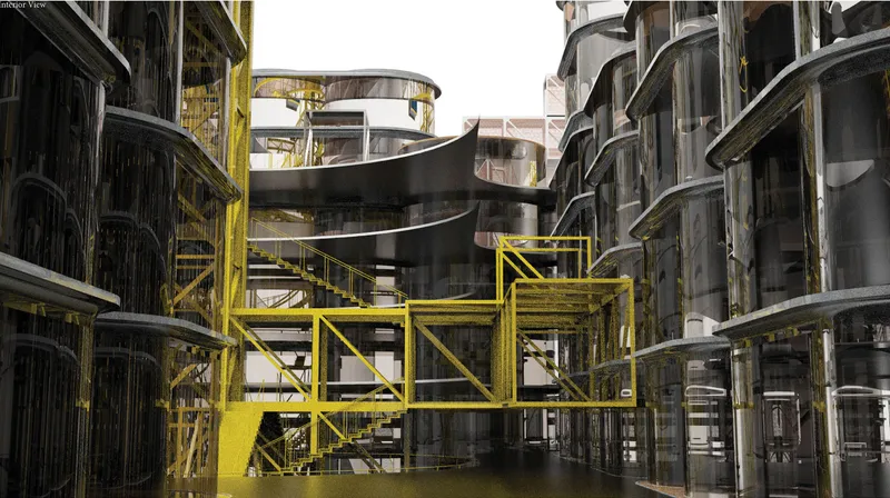 Interior view through glass cylindrical towers connected by yellow steel walkways and spiral circulation ramps