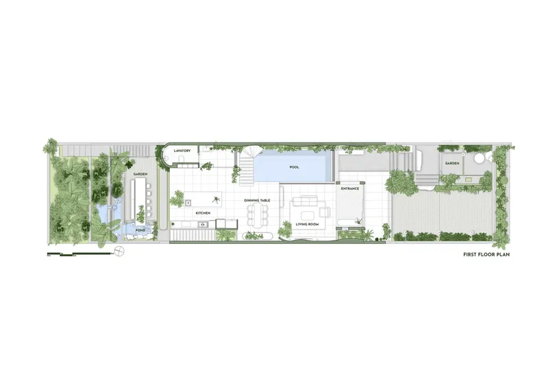 First floor plan drawing showing pool, garden areas, and living spaces with planting notations