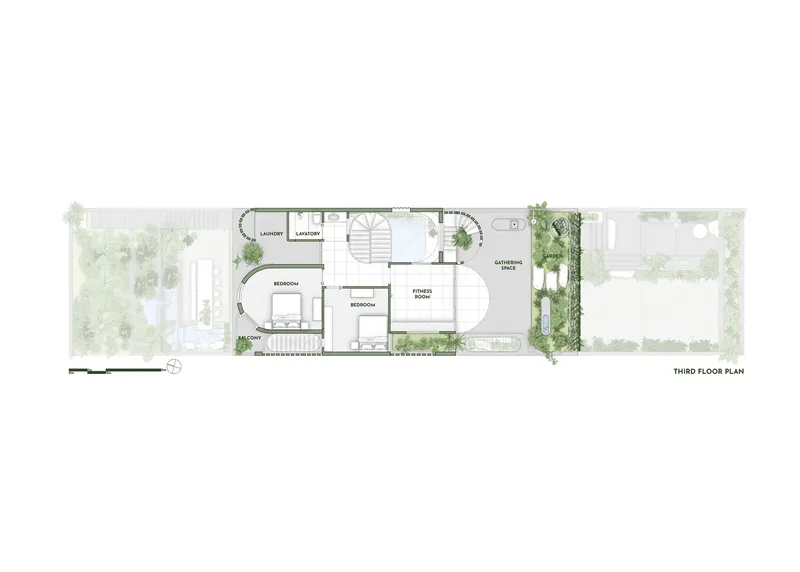 Third floor plan drawing showing bedrooms, family room and a vertical garden along the eastern edge
