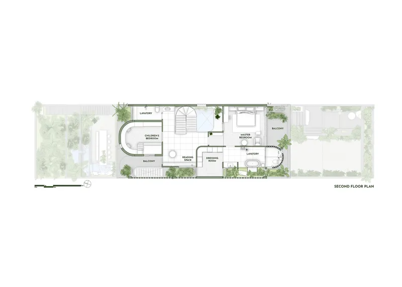 Second floor plan drawing showing bedrooms and balconies with planted terraces on both ends