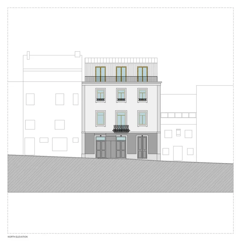 North elevation drawing showing four-storey building with recessed top floor balcony and flanking party wall structures