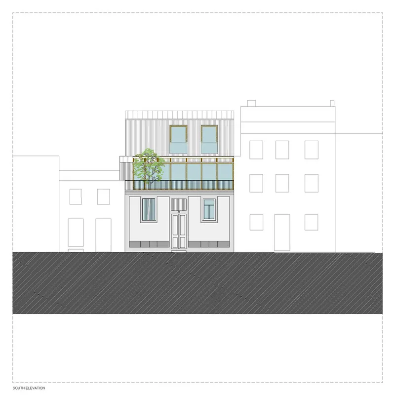 South elevation drawing showing narrow facade with central entrance, planted balcony and vertical screening at rooftop