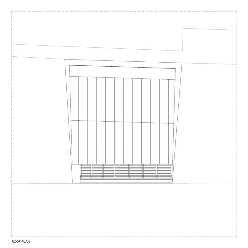 Roof plan drawing showing a trapezoidal volume with vertical slat articulation and louvered base detail