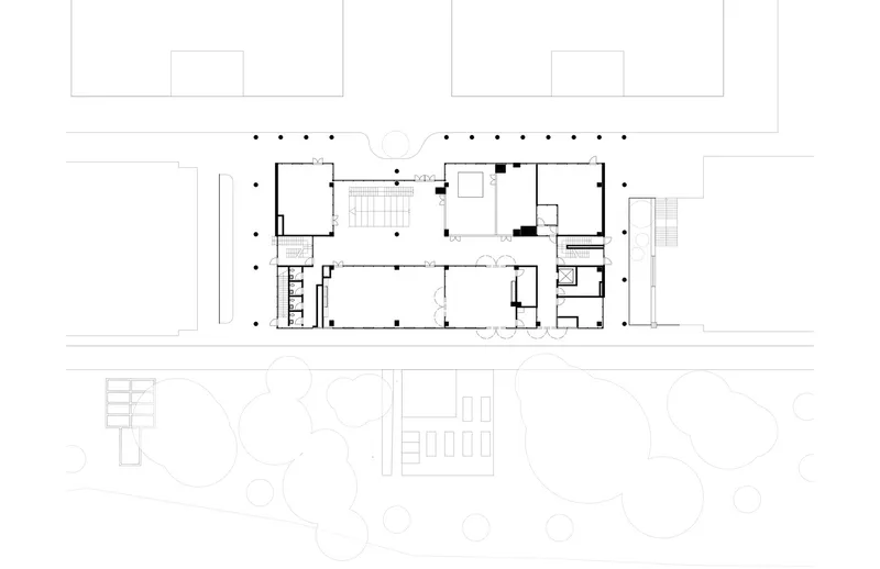 Ground floor plan drawing showing the colonnade and central courtyard with flanking program zones