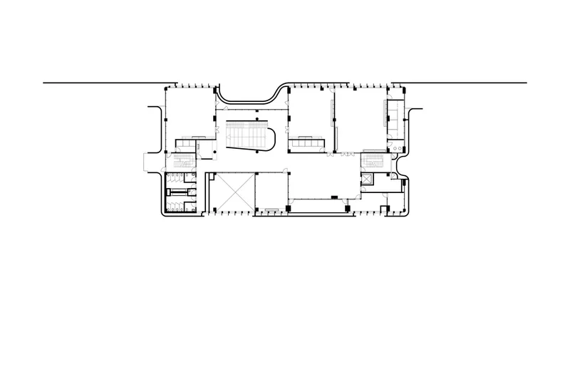 Floor plan drawing showing rooms arranged around a central courtyard with a curved pool