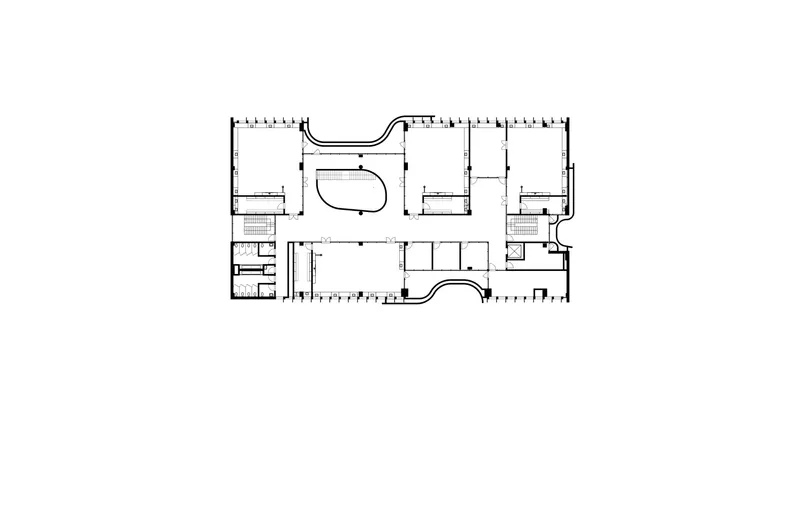 Floor plan drawing showing rectangular rooms flanking a central space with curved water features