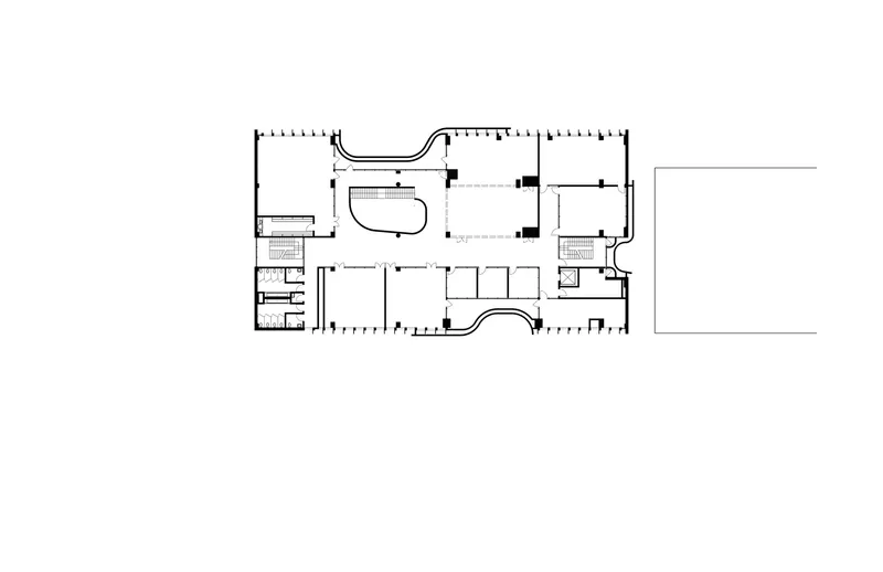 Floor plan drawing showing the layout with a curved pool and adjacent wing extension
