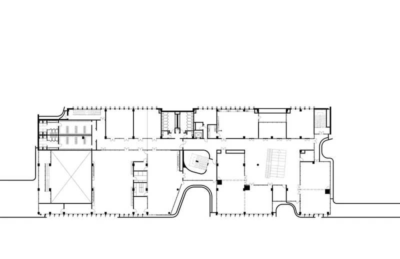 Section drawing showing the internal volume distribution across the length of the building