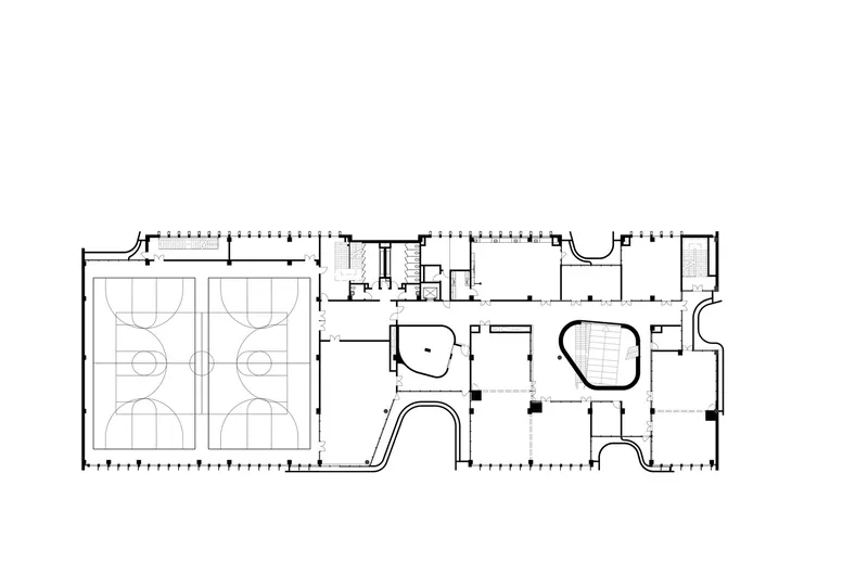 Section drawing revealing two basketball courts on the left with curved pools on the right