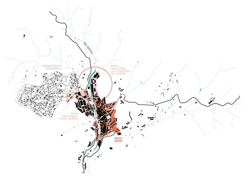 Site plan drawing showing urban fabric with waterways, industrial zones, and a highlighted project location marked with a red circle