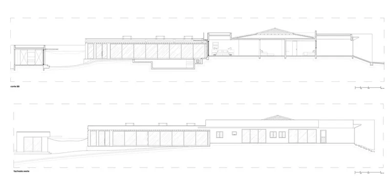 Section drawings illustrating the low-profile residence with central raised roof volume and rooftop garden detail