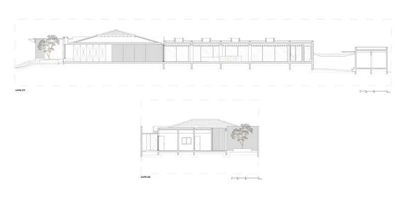 Section drawing showing the arched roof structure spanning over interior spaces with a tree at the edge