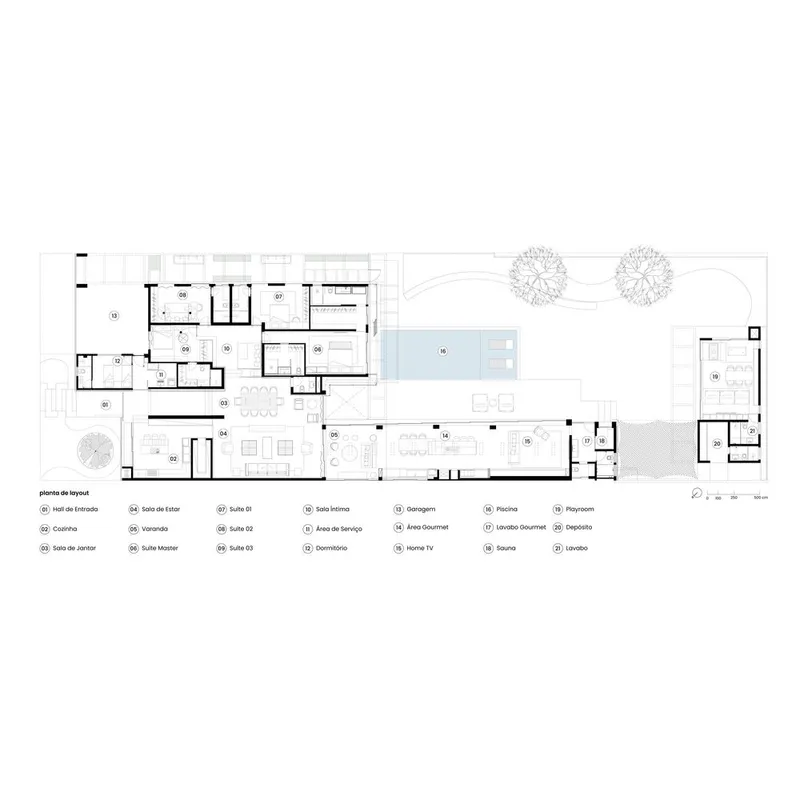 Floor plan drawing showing residence layout with central pool, flanking living zones, and two circular tree symbols