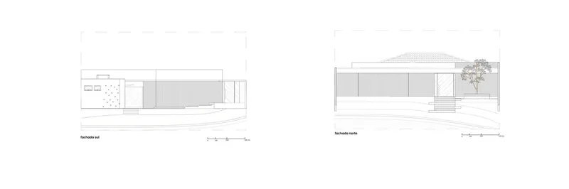 Elevation drawings depicting the low-slung building with curved roof and vertical panel cladding