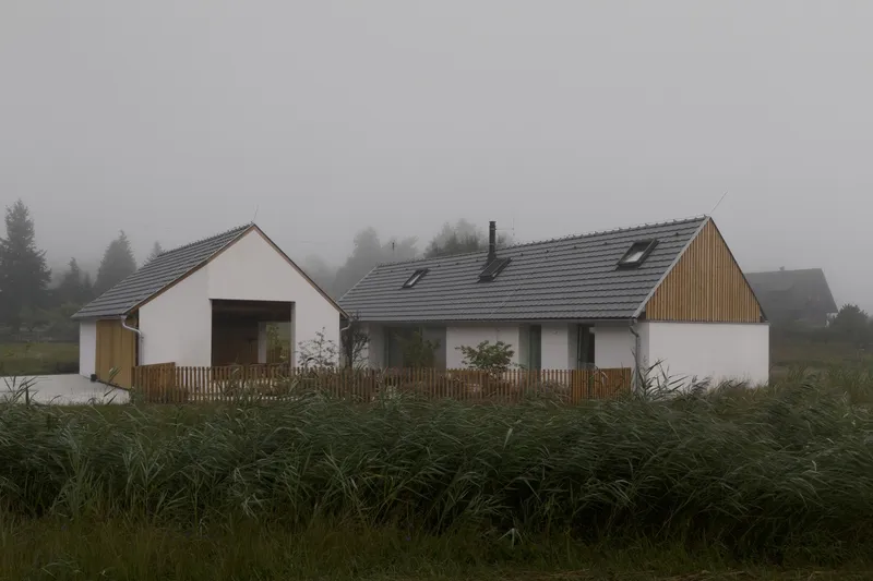 Cluster of gabled volumes with white render and timber cladding across a grassy field in dense fog