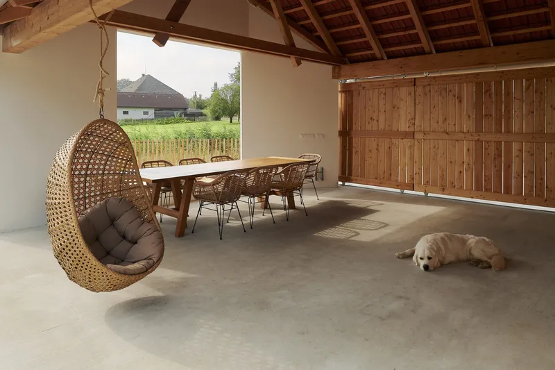 Covered terrace with exposed timber rafters, sliding wood door and concrete floor with a resting dog