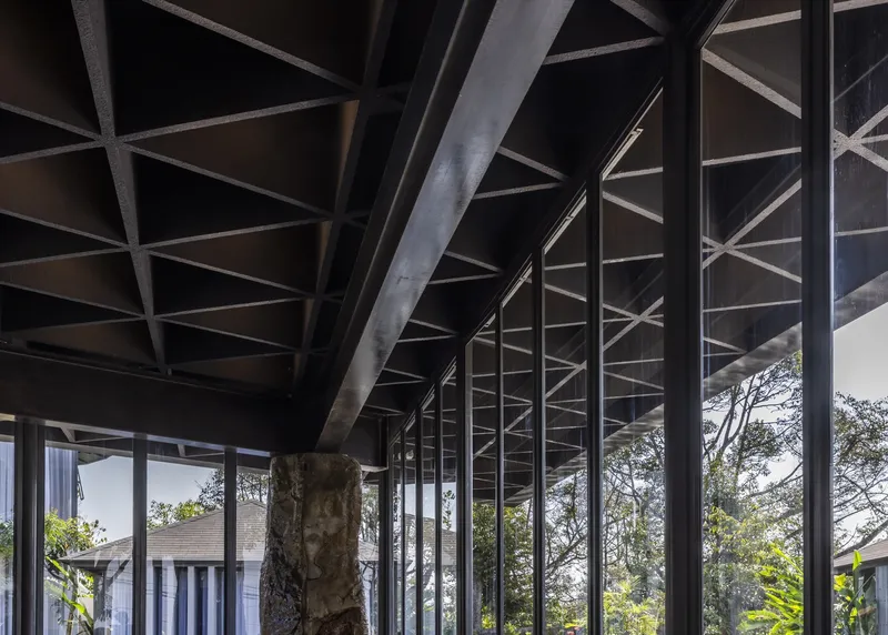 View up into the triangulated coffered ceiling structure with preserved tree trunk column and steel beams