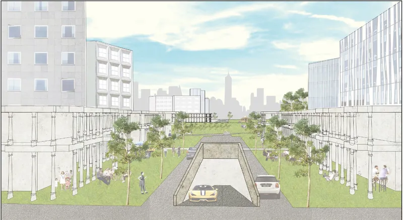 Perspective rendering of a tree-lined street with elevated roadway and pedestrians under a hazy sky