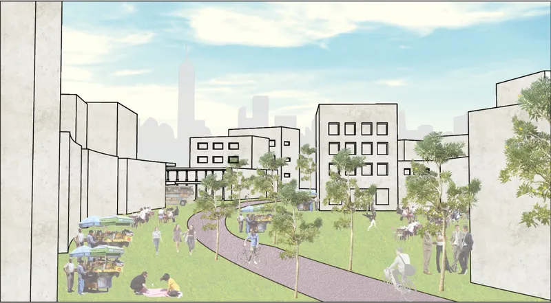 Perspective rendering of a sloped park with winding path, trees, and low-rise buildings framing the space