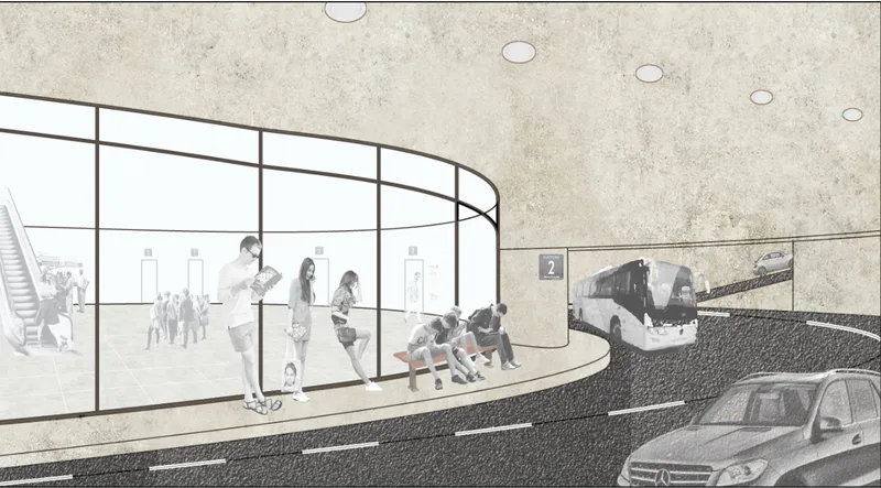 Section drawing showing curved glazed waiting area with seated figures above a vehicular roadway level