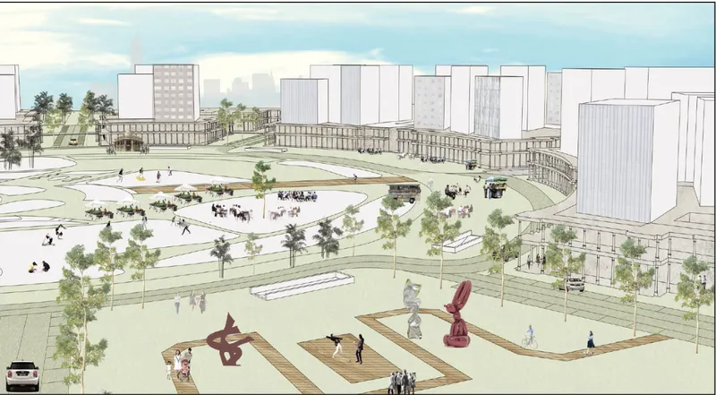Perspective rendering of a public plaza with sculpture installations, planted areas, and curving buildings