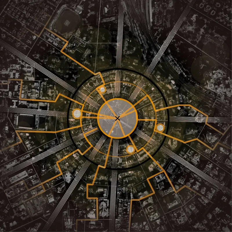 Aerial site plan with orange overlay showing radial development extending from a circular central hub