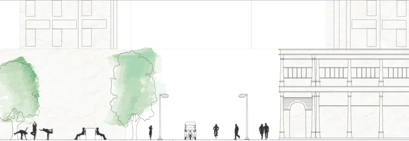 Elevation drawing showing a streetscape with watercolor trees, silhouetted figures, and flanking buildings