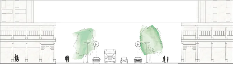 Street elevation drawing with parking signs, vehicles, watercolor foliage, and pedestrian figures