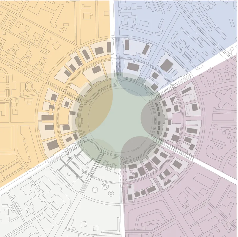 Site plan drawing showing a circular central park surrounded by radiating building blocks