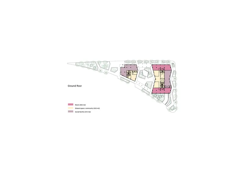 Ground floor plan drawing showing clustered volumes in pink and yellow on an irregular triangular site