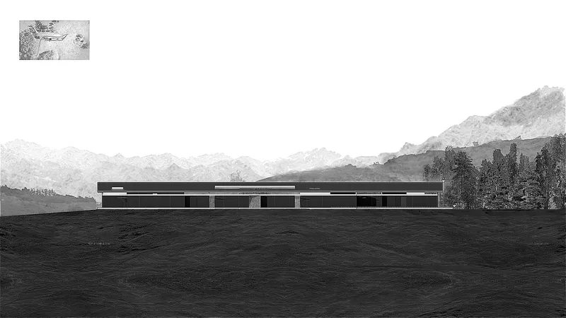 Rear elevation drawing showing the horizontal roofline with mountain ranges and tree line in the background