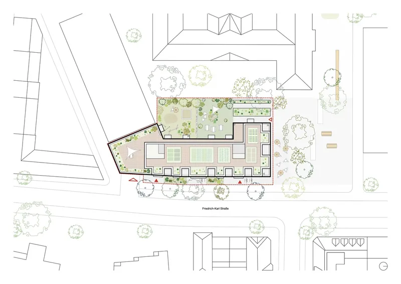 Site plan drawing showing the building footprint with planted courtyard and surrounding street trees