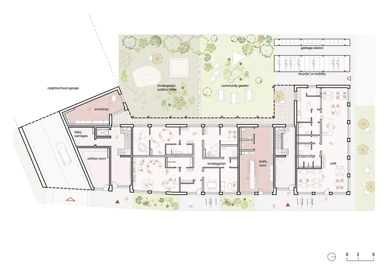 Ground floor plan drawing showing workshop, kindergarten, and community garden with adjacent garage