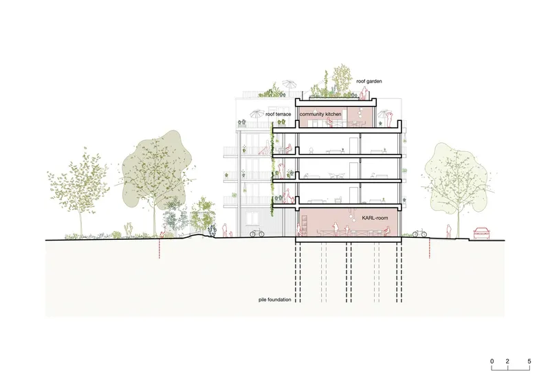 Section drawing showing multi-story residential building with rooftop gardens and pile foundation beneath