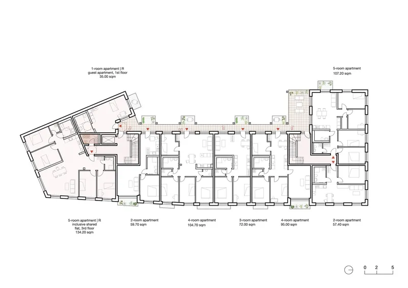 Floor plan showing multiple residential units arranged along a central corridor with varied apartment sizes