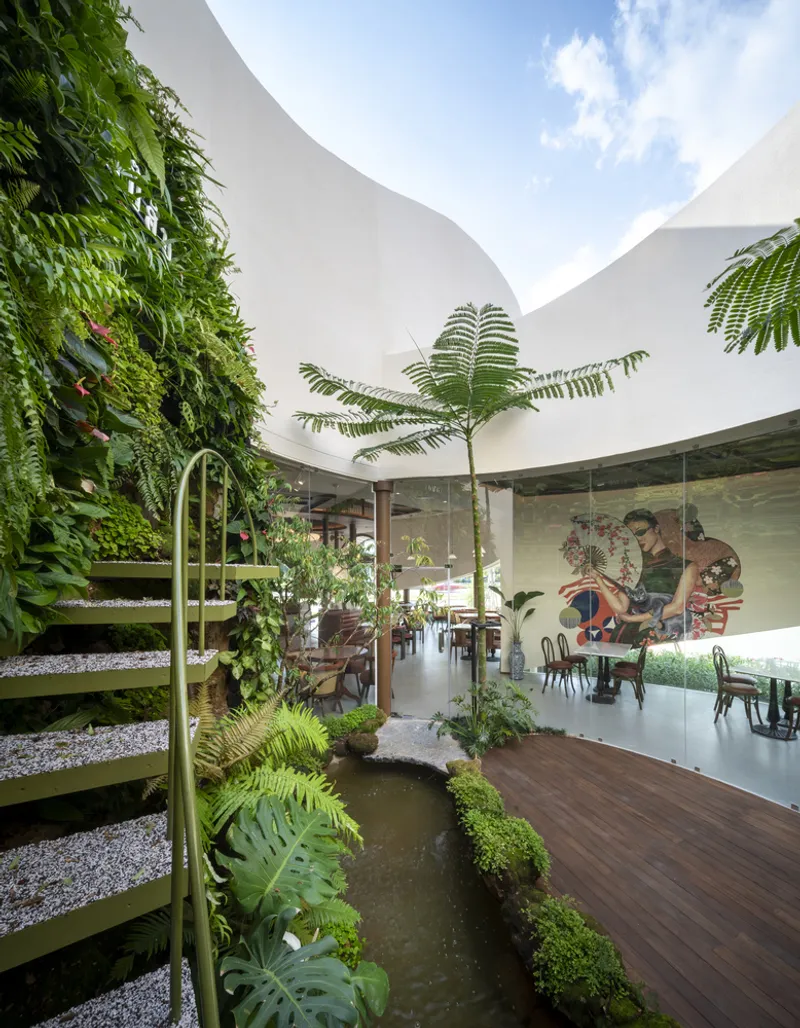 Interior courtyard with vertical green wall, small pond, ferns and white curving walls open to sky
