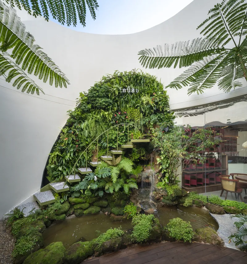Courtyard with circular pond and planted green wall beneath curved white walls and overhanging fern fronds