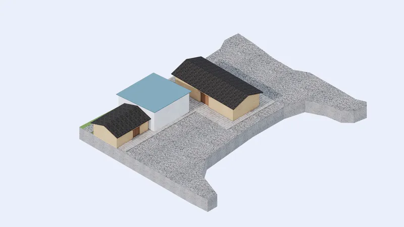 Axonometric drawing showing three pavilions with pitched roofs on a sculpted terrain base