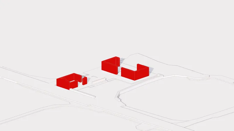 Axonometric diagram highlighting five solid volumes in red against outlined site topography and pathways