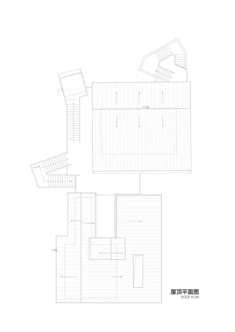 Roof plan drawing showing the pitched roof form with three external stair enclosures at different levels
