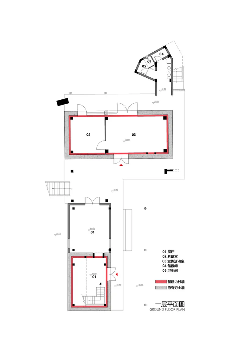 Ground floor plan drawing showing two rectangular rooms with red wall outlines and adjacent stair volumes