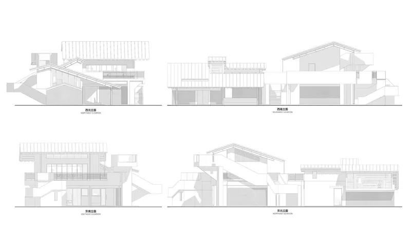 Four elevation drawings showing the various facades with pitched roofs and external stair towers