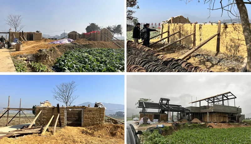 Four construction progress photographs showing rammed earth walls rising beside vegetable gardens and steel roof frames